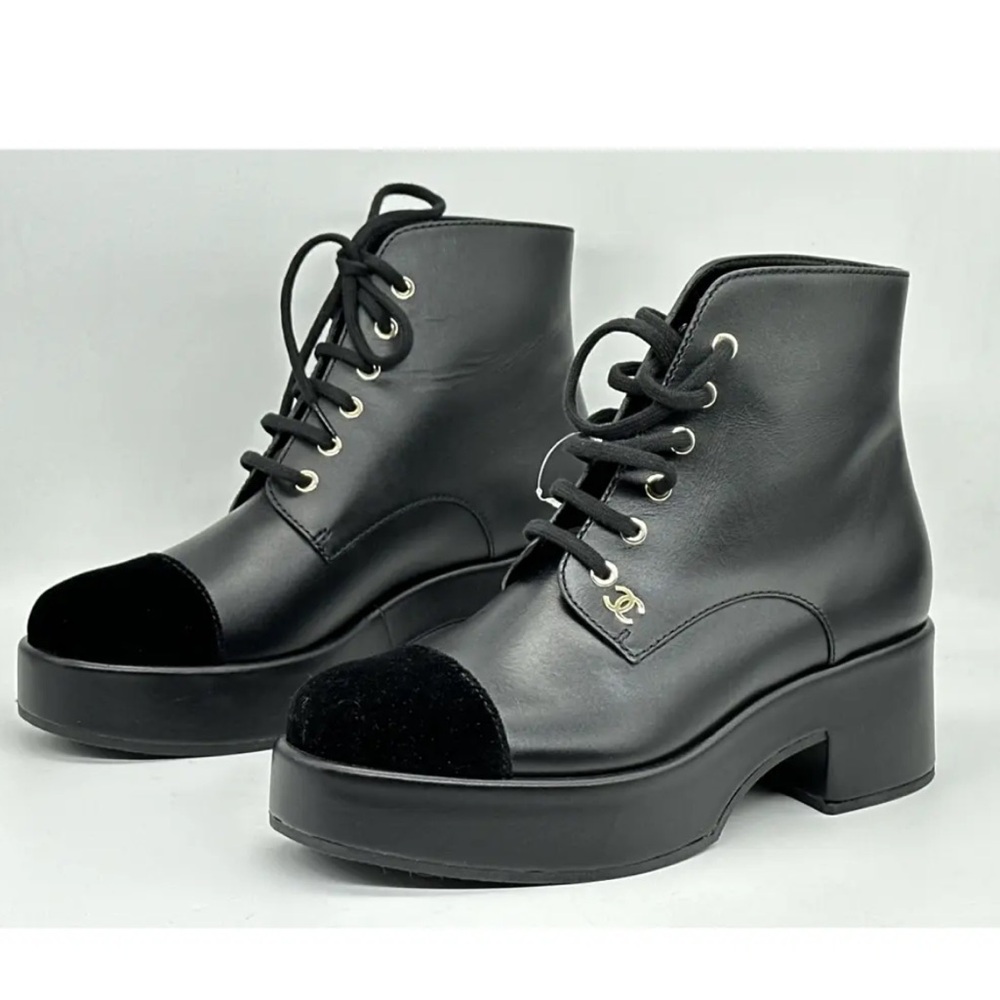 CHANEL velvet cap calfskin leather boots